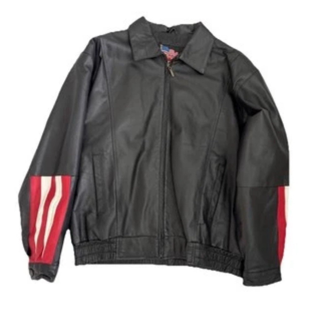 Leather Jacket Men's XL Black Motorcycle Jacket USA American Eagle Flag Patch‎
